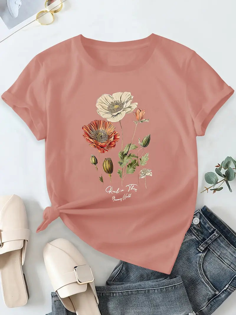Aimilia - Elegancka Koszulka Z Krótkim Rękawem I Kwiatowym Nadrukiem