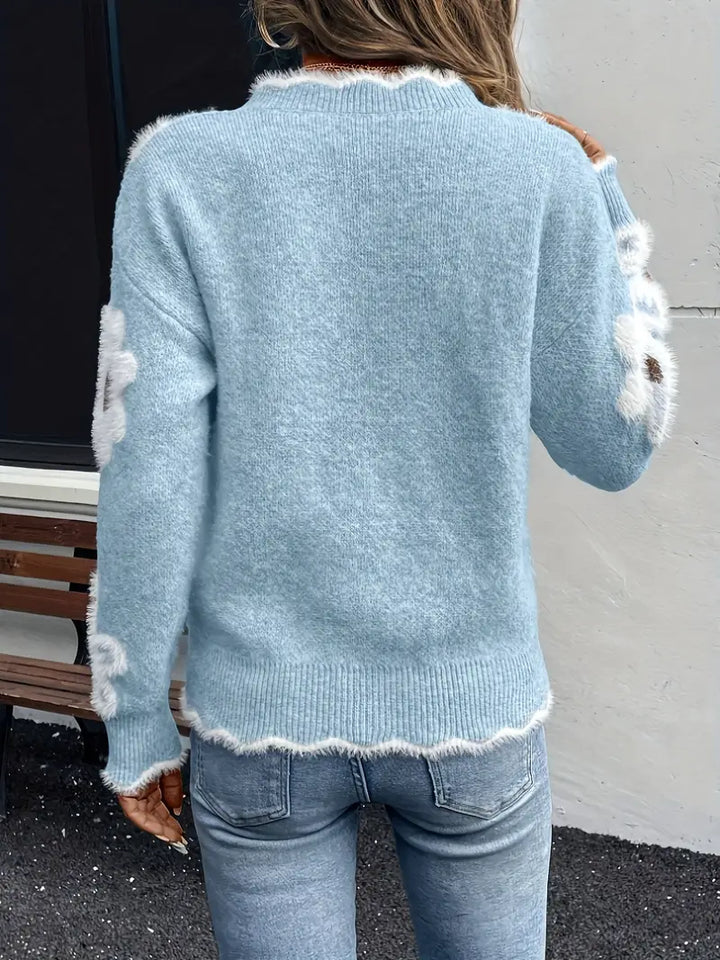 Melanira – Stylowy Sweter z Dekoltem w Serek i Kwiatowym Wzorem