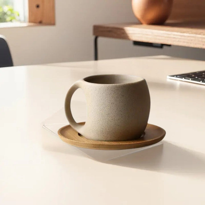 ClayHaven – Ceramiczny Kubek Do Kawy z Drewnianym Spodkiem