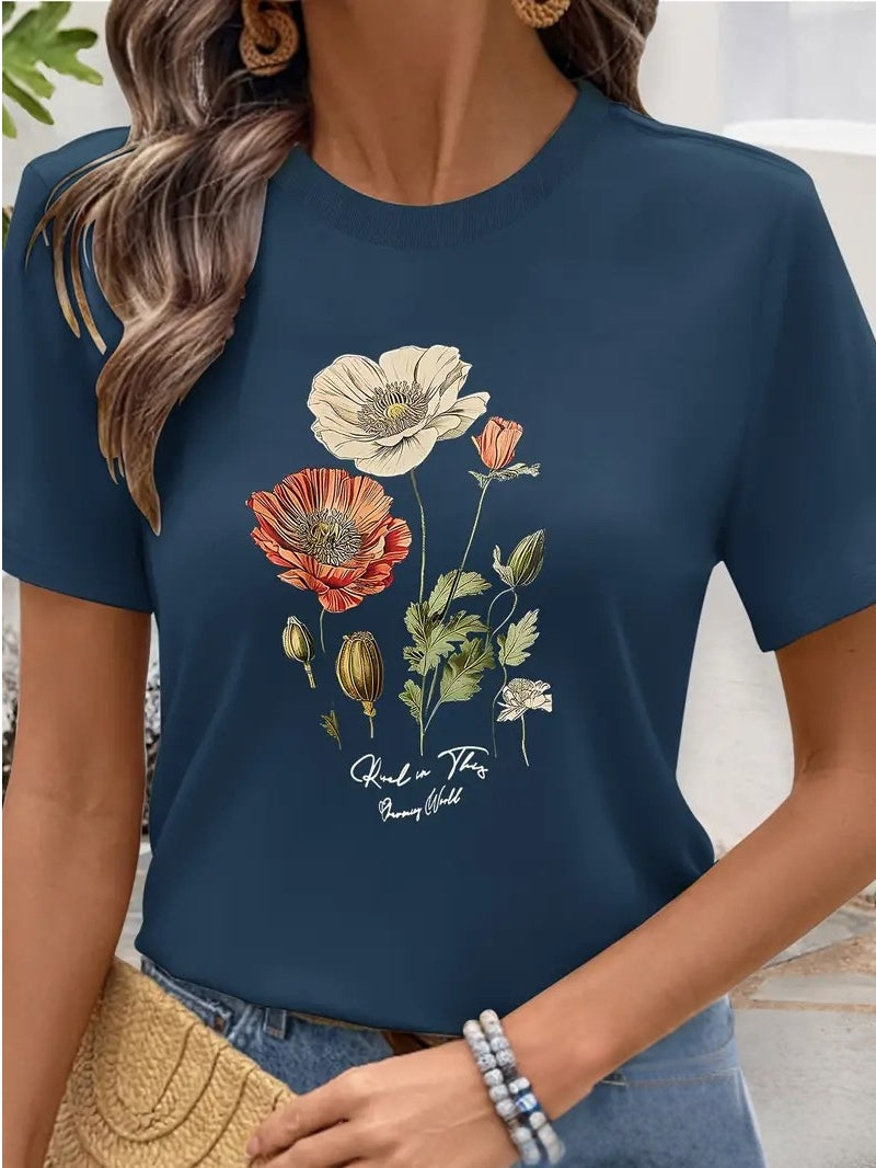 Aimilia - Elegancka Koszulka Z Krótkim Rękawem I Kwiatowym Nadrukiem