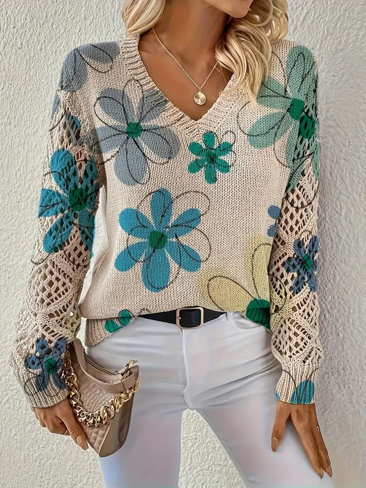 Marzena – Elegancki Sweter z Długim Rękawem i Kwiatowym Nadrukiem
