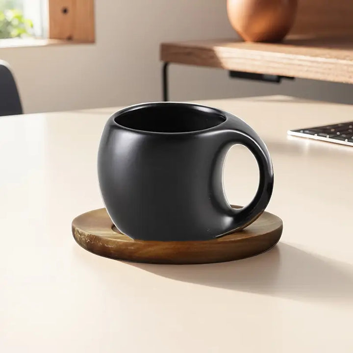 ClayHaven – Ceramiczny Kubek Do Kawy z Drewnianym Spodkiem