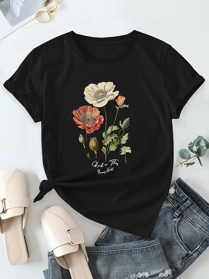 Aimilia - Elegancka Koszulka Z Krótkim Rękawem I Kwiatowym Nadrukiem