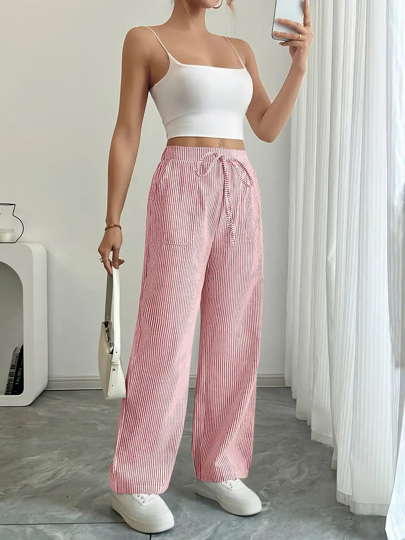 Alina – Eleganckie Spodnie w Paski z Kieszeniami