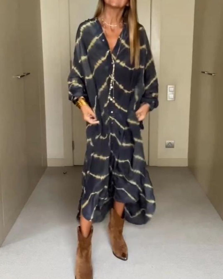 Suchitra - Sukienka w Paski w Stylu Boho z Długim Rękawem