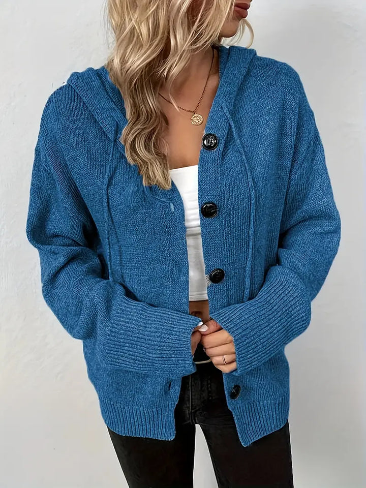 Suthida – Elegancki Sweter z Długim Rękawem Kapturem i Guzikami