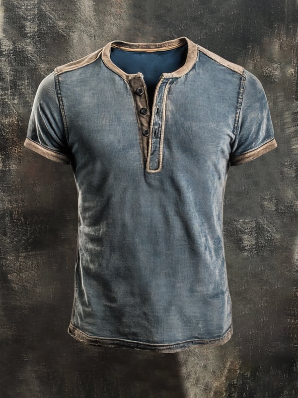 Swobodna Koszulka Typu Henley w Stylu Retro z Blokami Kolorów Dla Mężczyzn
