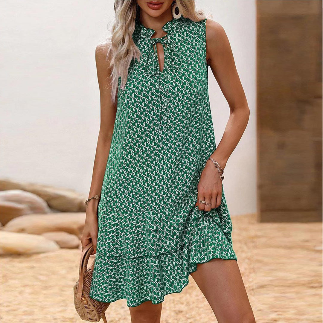 Lenora – Swobodna Sukienka Mini w Stylu Boho z Nadrukiem i Falbanami
