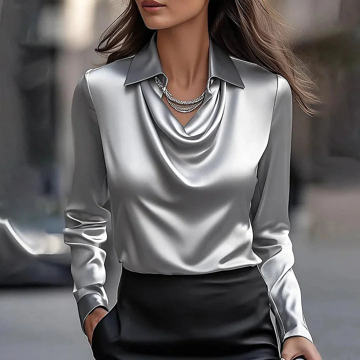 Malvina - Elegancka Satynowa Bluzka Z Drapowanym Dekoltem