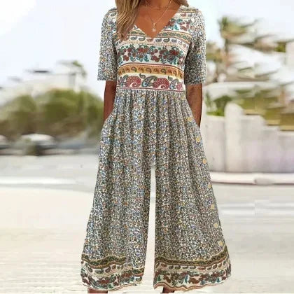 Nerina – Kombinezon w Stylu Vintage Boho z Kwiatowym Nadrukiem