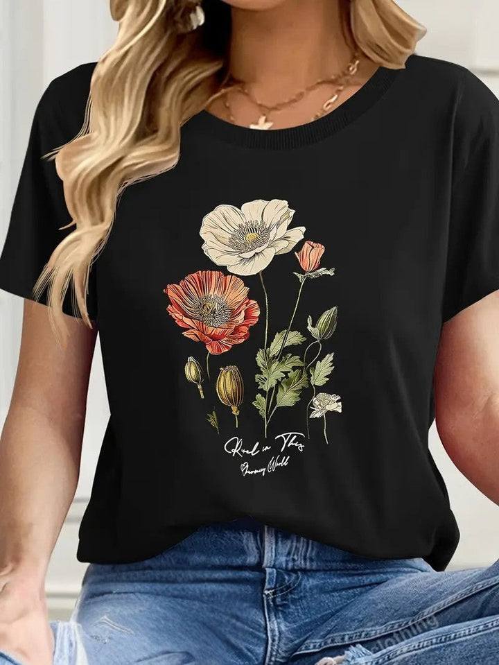 Aimilia - Elegancka Koszulka Z Krótkim Rękawem I Kwiatowym Nadrukiem