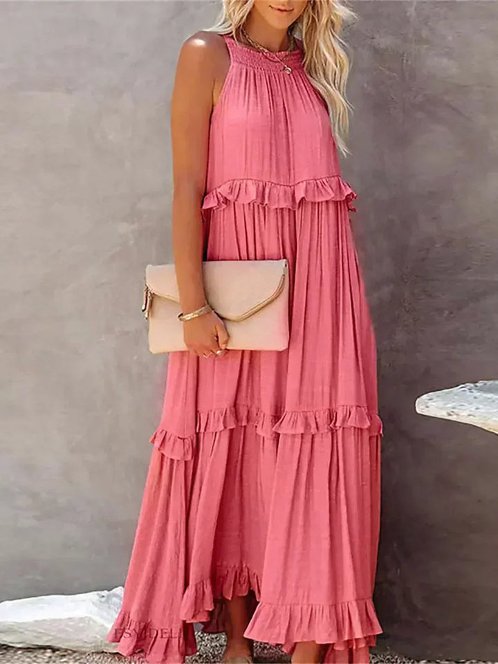 Hayley – Elegancka Sukienka Bez Rękawów z Falbaną