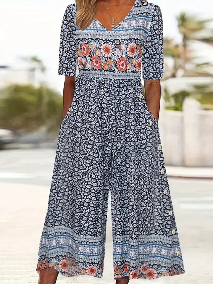 Nerina – Kombinezon w Stylu Vintage Boho z Kwiatowym Nadrukiem