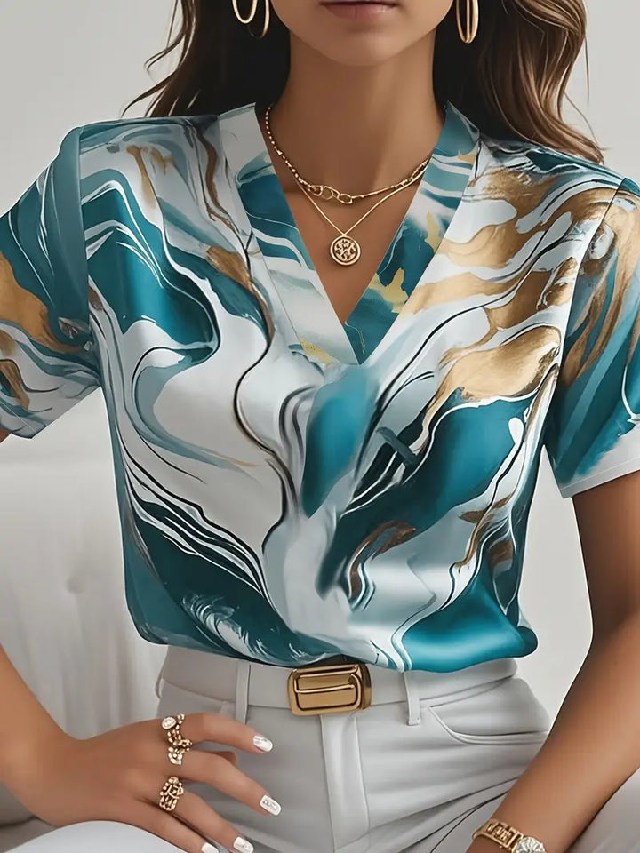 Maroula - Elegancka Koszula Z Krótkim Rękawem Z Marmurkowym Nadrukiem
