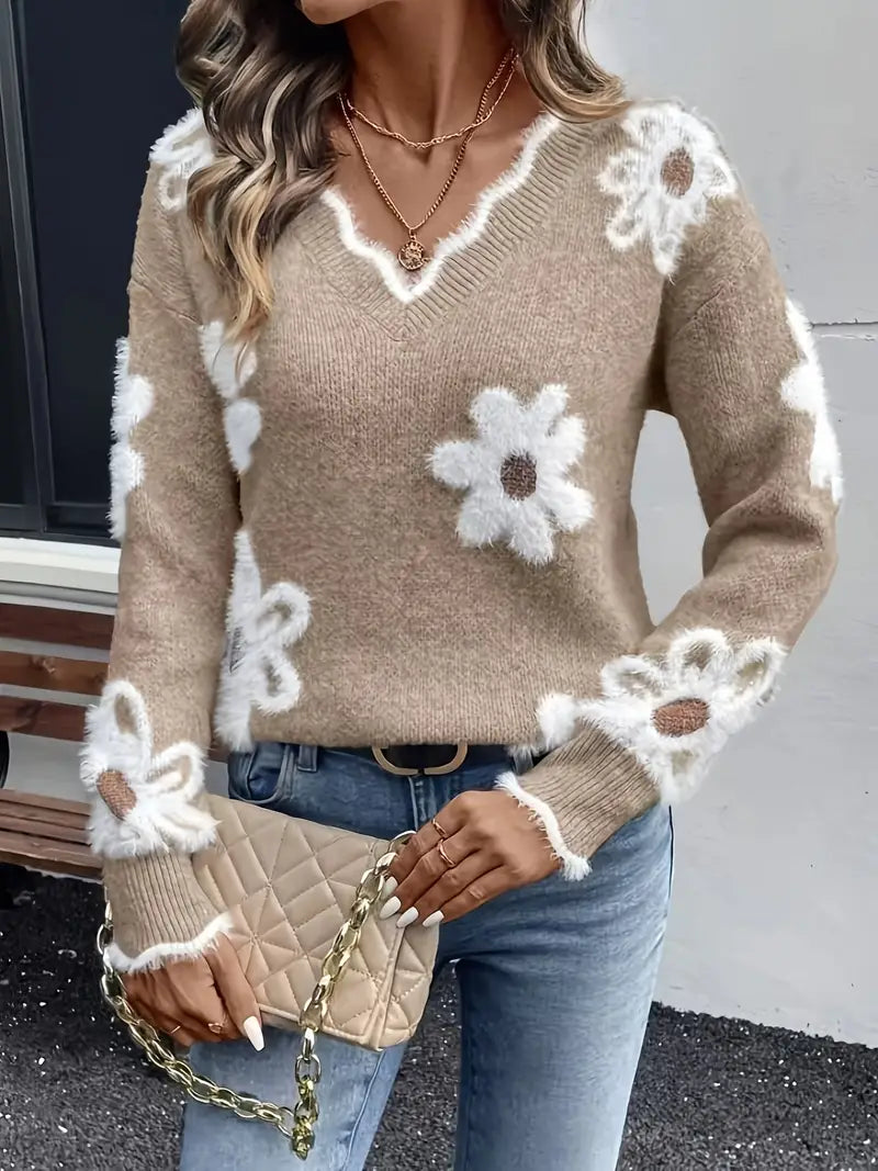 Melanira – Stylowy Sweter z Dekoltem w Serek i Kwiatowym Wzorem
