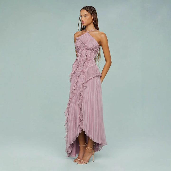 Maraike – Plisowana Suknia maxi z falbaną i dekoltem Halter