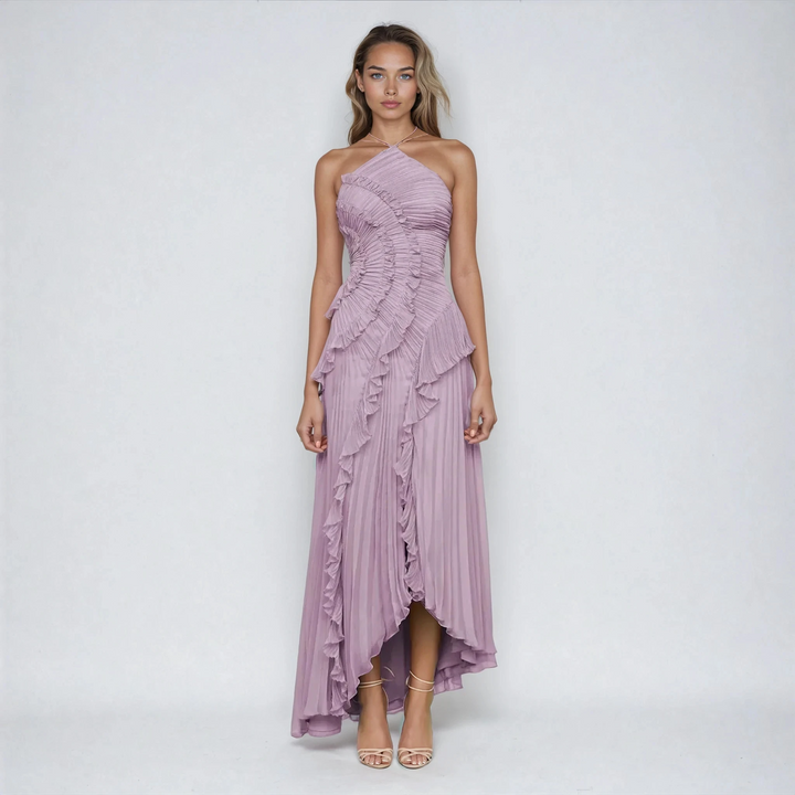 Maraike – Plisowana Suknia maxi z falbaną i dekoltem Halter