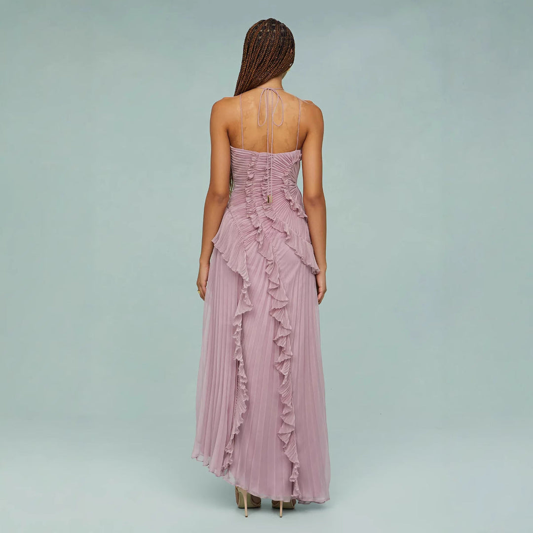 Maraike – Plisowana Suknia maxi z falbaną i dekoltem Halter