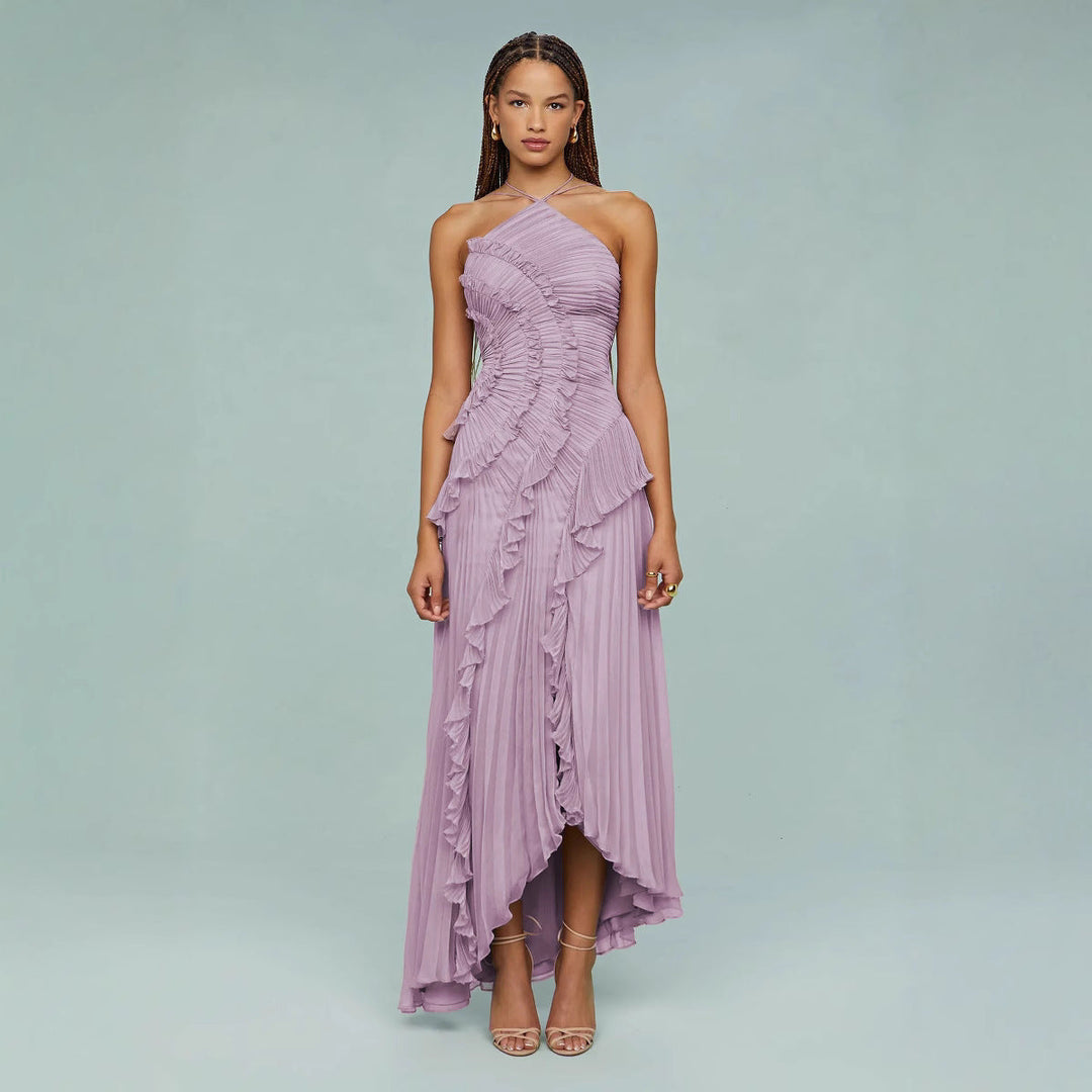 Maraike – Plisowana Suknia maxi z falbaną i dekoltem Halter