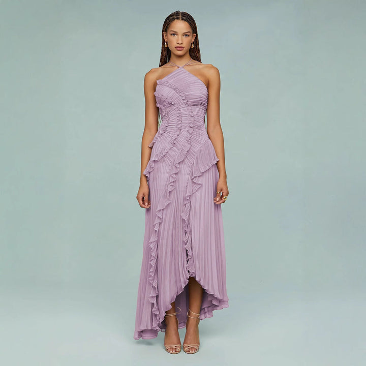 Maraike – Plisowana Suknia maxi z falbaną i dekoltem Halter