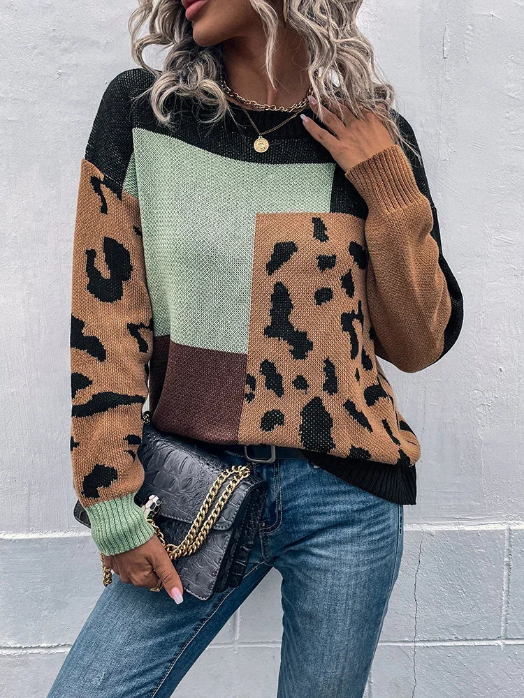 Irmgard – Sweter w Stylu Vintage z Naszywkami w Panterkę