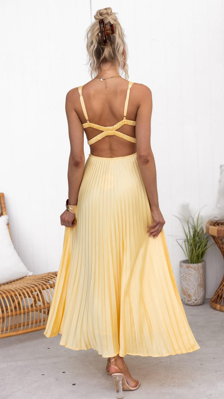 Sheree – Plisowana Sukienka maxi z Dekoltem w Szpic