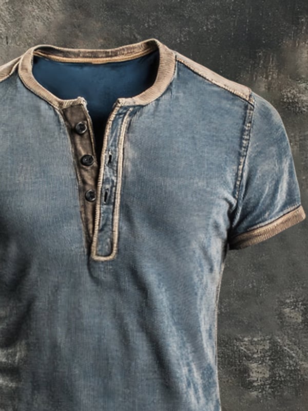 Swobodna Koszulka Typu Henley w Stylu Retro z Blokami Kolorów Dla Mężczyzn