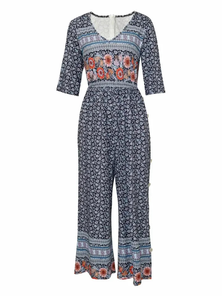 Nerina – Kombinezon w Stylu Vintage Boho z Kwiatowym Nadrukiem