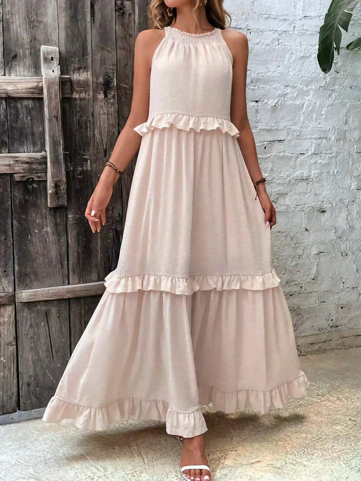 Hayley – Elegancka Sukienka Bez Rękawów z Falbaną