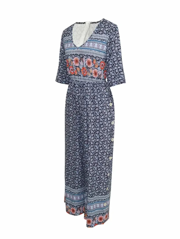Nerina – Kombinezon w Stylu Vintage Boho z Kwiatowym Nadrukiem