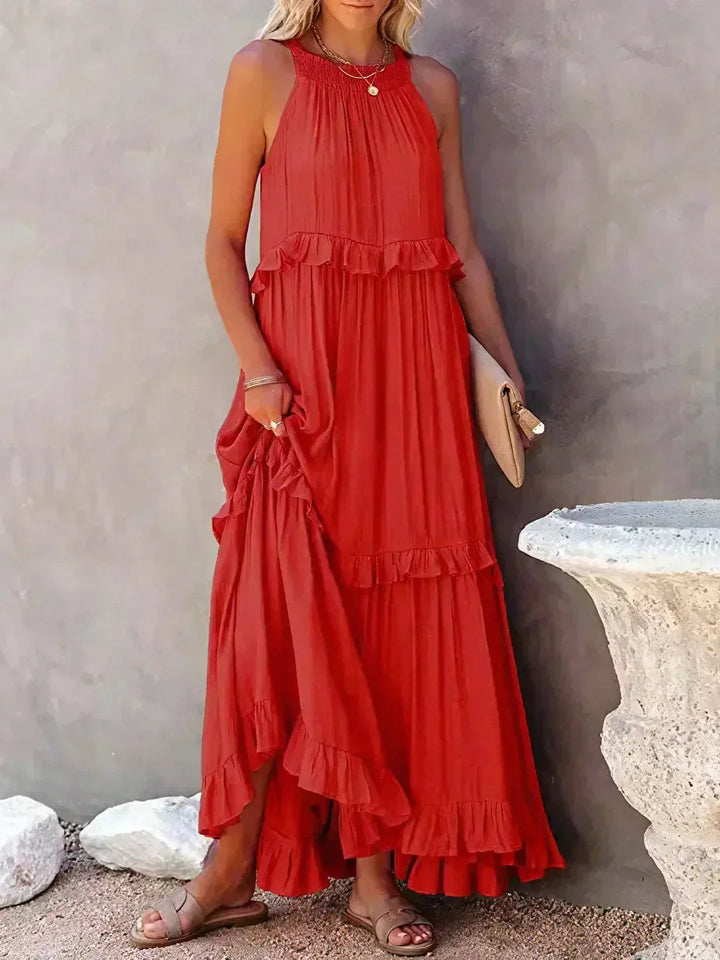 Hayley – Elegancka Sukienka Bez Rękawów z Falbaną
