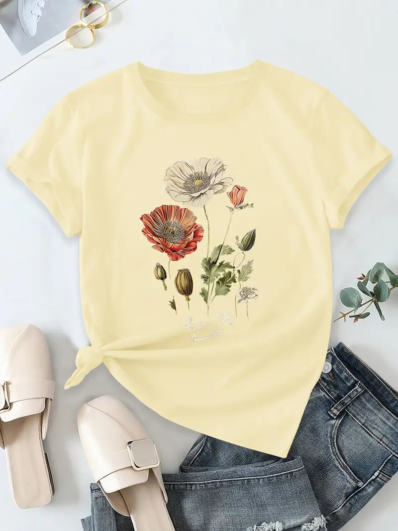 Aimilia - Elegancka Koszulka Z Krótkim Rękawem I Kwiatowym Nadrukiem