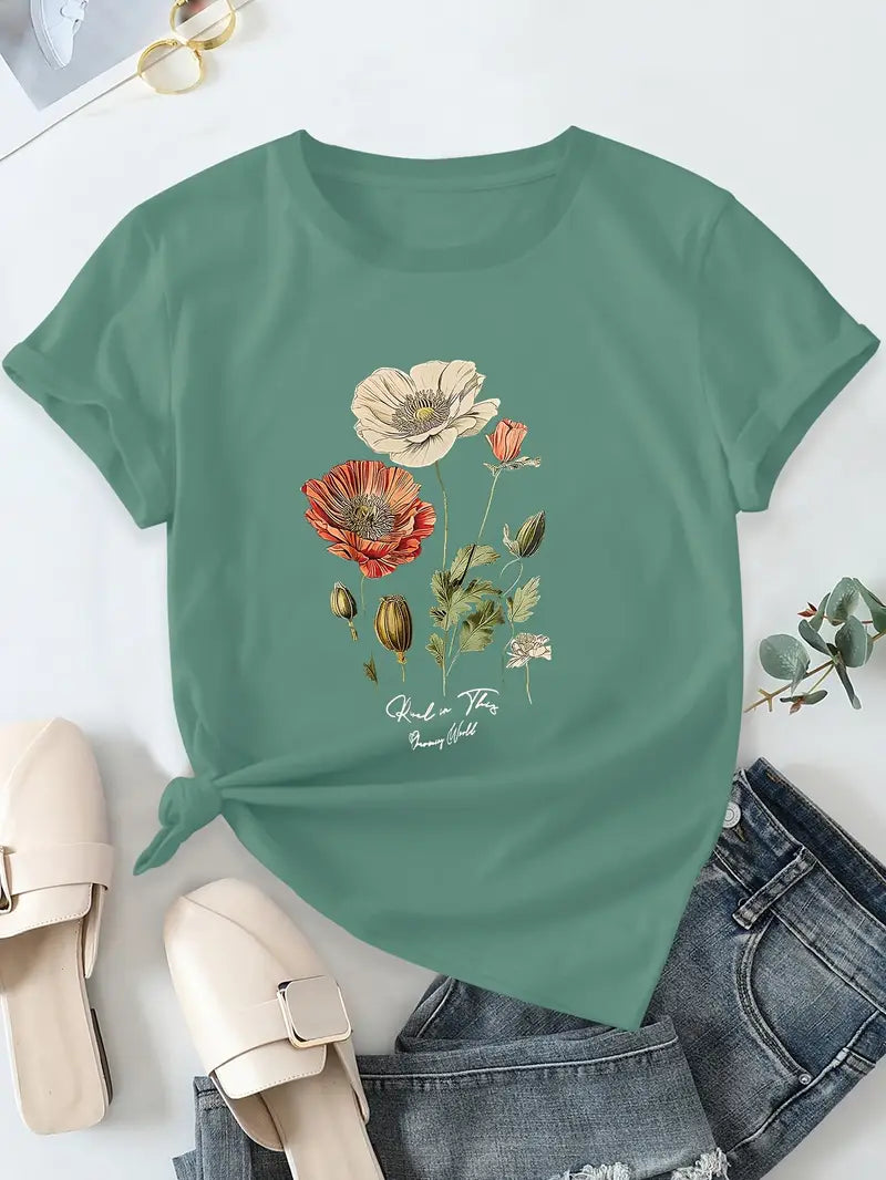Aimilia - Elegancka Koszulka Z Krótkim Rękawem I Kwiatowym Nadrukiem