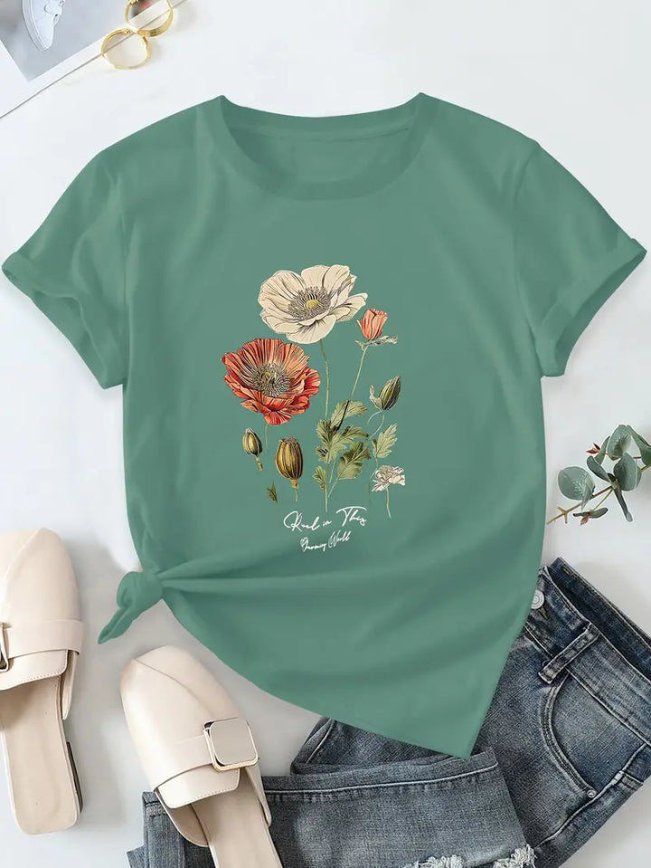 Aimilia - Elegancka Koszulka Z Krótkim Rękawem I Kwiatowym Nadrukiem