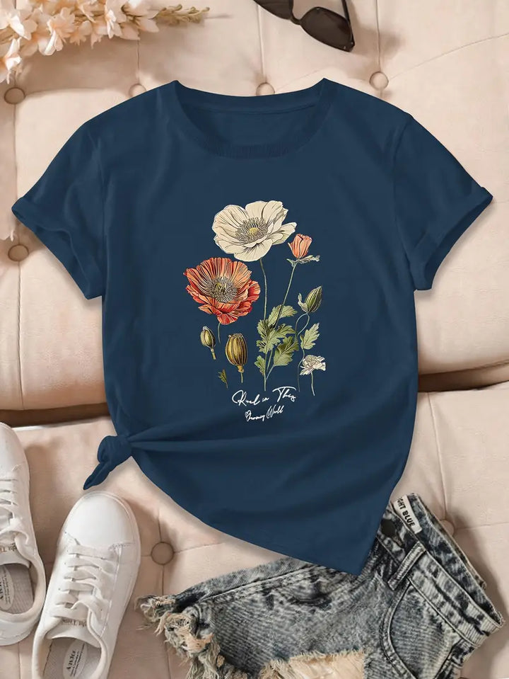Aimilia - Elegancka Koszulka Z Krótkim Rękawem I Kwiatowym Nadrukiem