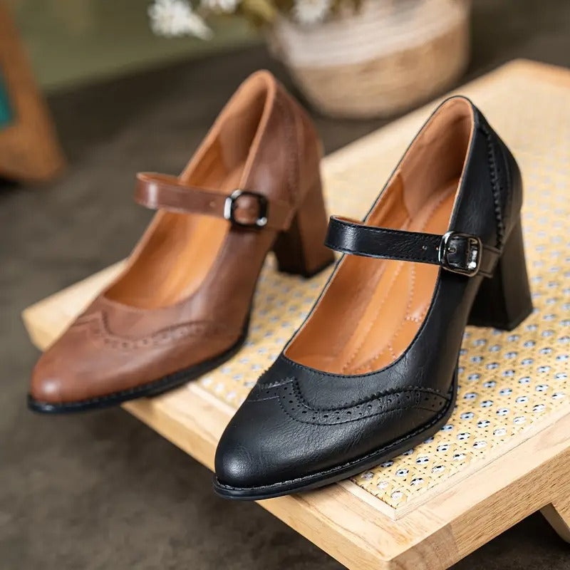 Dorka – Skórzane Buty Na Wysokim Obcasie z Klamrą