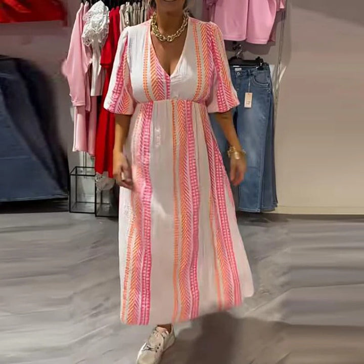 Annie - Letnia Sukienka z lnu z Dekoltem w Serek